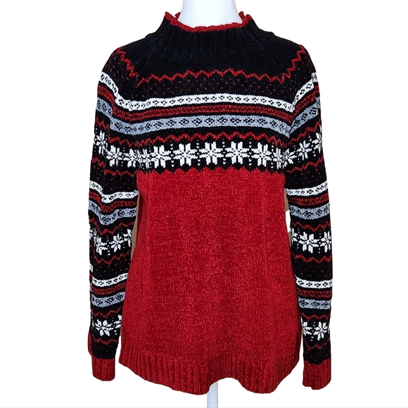 Erika Sweaters - Vintage Erika Red Black Chenille Fair Isle Mock Neck Snowflake Sweater Women's M